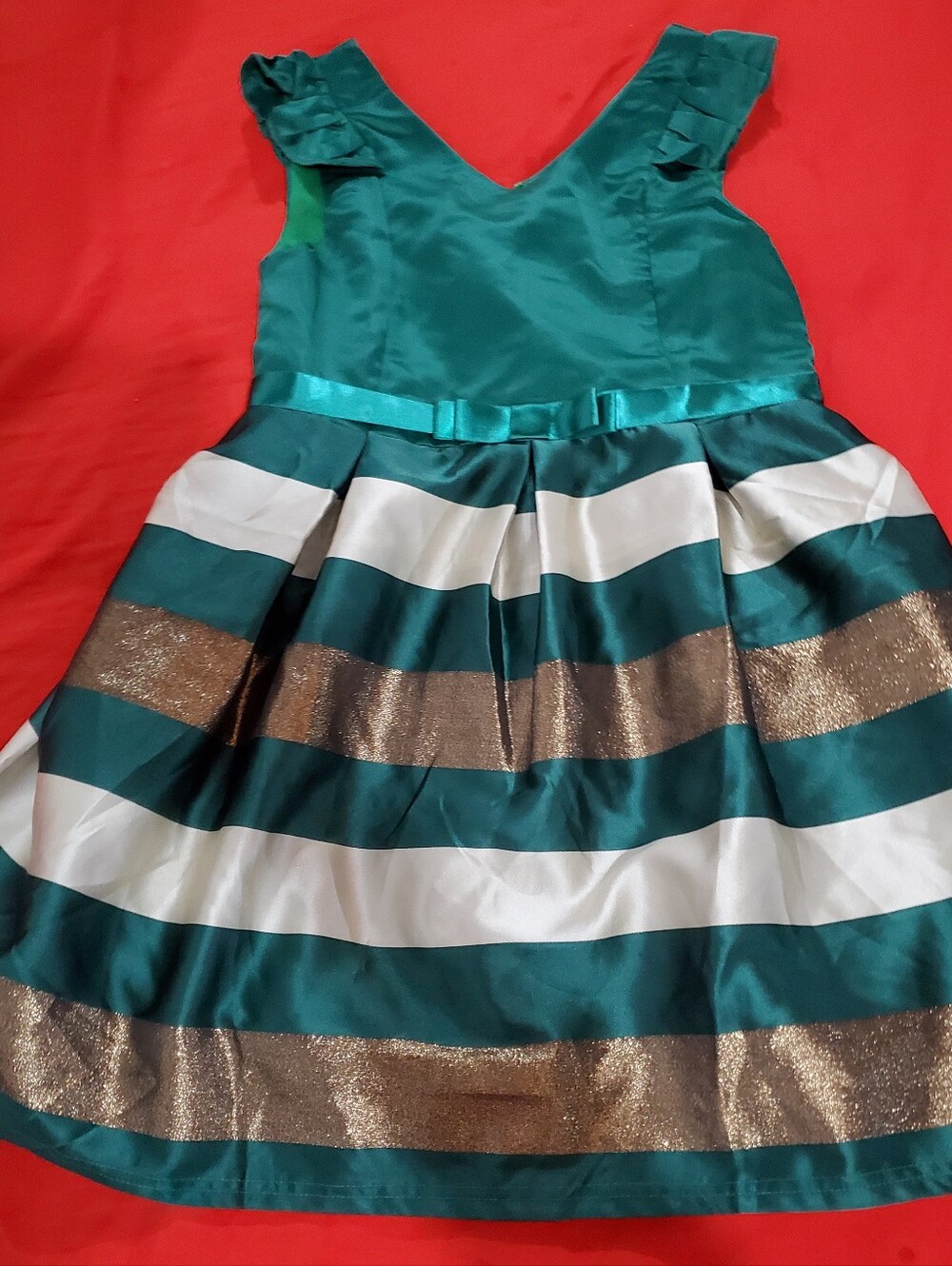 Girls Emerald Green and Gold Striped Holiday Party Dress • Size 14/16 XL
